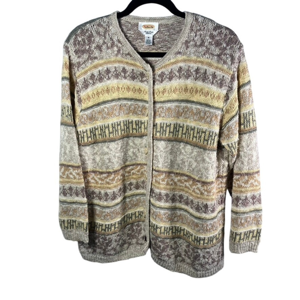 Talbots Women's Cardigan Sweater M Irish Linen Blend Button Front Knit Beige VTG
